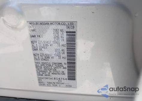 2019 Nissan Rogue S z USA, uszkodzony, nr VIN 5N1AT2MT1KC814764